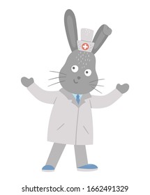 Vector animal doctor. Cute funny hare character. Medical picture for children. Hospital illustration isolated on white background