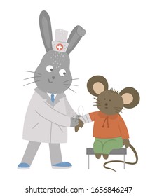 Vector animal doctor treating patient. Rabbit applying bandage to mouse’s hand. Cute funny characters. Medicine picture for children. Hospital scenes isolated on white background