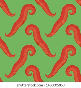Vector Animal Earth Red Worms for Fishing Seamless Pattern on Green Background.