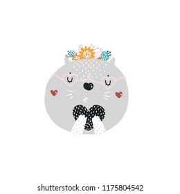 Vector animal face Cute Cat print for nursery art isolated on white background