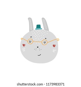 Vector animal face Rabbit Cute print for nursery art isolated on white background