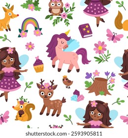 Vector animal fairy seamless pattern. Cute repeat background with girl. Woodland princess digital paper. Fantasy forest, magic garden texture with fairytale creature, deer, unicorn, house, rainbow