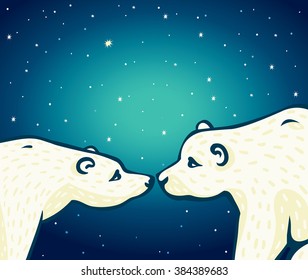 Vector with animal family - two cartoon polar bears on a night starry sky background. Arctic illustration.