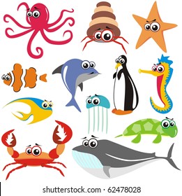 VECTOR - Conjunto de peces animales:  cangrejo, pulpo, pescado, tiburón, tortuga, medusa, ballena, caballo de mar, estrella