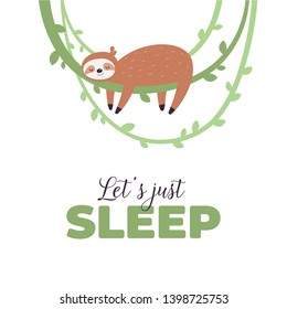 Vector animal flat banner template. Cute sleeping sloth hanging on branch with text isolated on white background. EPS10 cartoon illustration for banner, poster, card, web design, souvenirs