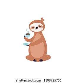 Vector animal flat character. Brown cute sleepy sloth sit and drink coffee isolated on white background. EPS10 cartoon illustration for banner, poster, card, web design, souvenirs