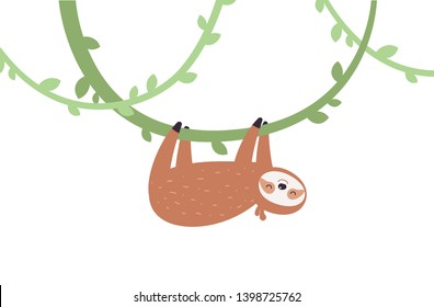 Vector animal flat character. Brown cute sleepy sloth hanging on green branch isolated on white background. EPS10 cartoon illustration for banner, poster, card, web design, souvenirs