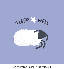 Vector animal flat scandinavian banner template. Cute sleeping childish sheep with good wishes "sleep well" isolated on blue. Concept of sleep, dream, relax. Cartoon illustration for poster, card, web