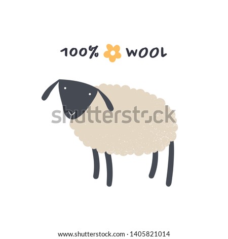 Vector animal flat scandinavian banner. Funny childish sheep stay and 100% wool text isolated on white background. Concept of eco friendly farm, natural fabric. Illustration for poster, card, web