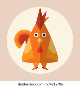 Vector animal in flat style. Red rooster, chicken with funny emotion eyes. Abstract element for design, simple geometric form. Cartoon bird with shadow. Red, orange color illustration, icon art 