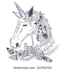 Vector animal floral boho illustration - unicorn with flower and feather elements for wedding, anniversary, birthday, etc. invitations.
