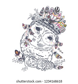 Vector animal floral boho illustration - owl with flower and feather elements for anniversary, birthday, etc. invitations.
