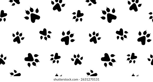 Vector animal footprint seamless pattern. Black silhouette cat and dog paws print. Vector illustration of wolf paws for fabric, wrapping, or backdrop design.