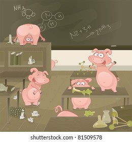 Vector animal funny illustration. Pigs going wild in the classroom during chemistry class.