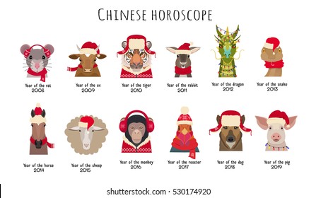 Vector animal Heads in red caps and scarfs of the Chinese horoscope isolated. Vector cartoon,flat. Mouse cow, horse, tiger, dragon, sheep, rooster, monkey, dog,pig, rabbit,snake. Design element object