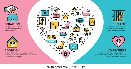 Vector animal help icon banner. Line pictogram web poster of pet donation, charity, adoption, shelter, volunteers. Flyer illustration background with heart and place for text.Dog and cat care sign set