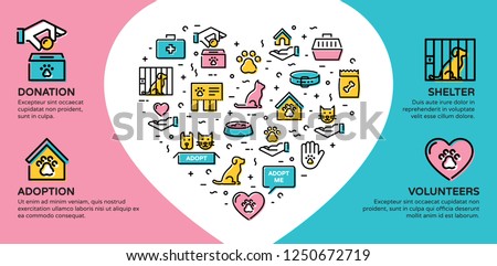 Vector animal help icon banner. Line pictogram web poster of pet donation, charity, adoption, shelter, volunteers. Flyer illustration background with heart and place for text.Dog and cat care sign set
