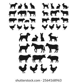 Vector Animal Icons Farm and Pet Silhouettes on White.