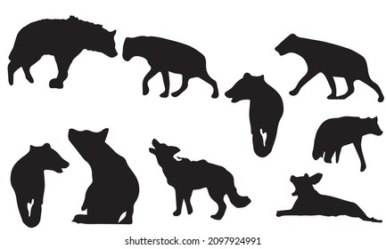 Vector animal illustration. Black silhouette of a hyena on a black and white background.