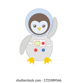 vector animal illustration, cute penguin wearing spacesuit and waving a paw