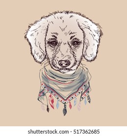 Vector animal illustration. Cute puppy in a bandana. Boho art print. T-shirt design.