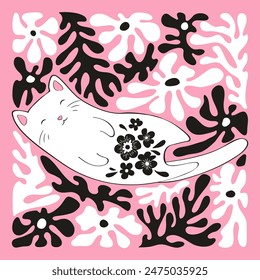 Vector animal illustration with hand drawn cute line art cat and abstract plants isolated on pink background. Modern design for t-shirt print, card, poster, nursery decoration