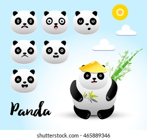 Vector animal illustration. Panda bear eating bamboo. Character design, different emotions set. Light blue color background. Cartoon style panda for mobile apps or games.