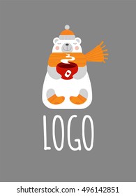 Vector animal logo template, label, badge. Cute bear childish illustration. Cold and warm winter concept idea. Polar bear in winter clothes (knitted cap or hat, wool scarf and socks) and hot drinks