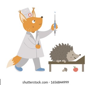 Vector animal nurse treating patient. Fox giving hedgehog an injection. Cute funny characters. Medicine picture for children. Hospital scenes isolated on white background