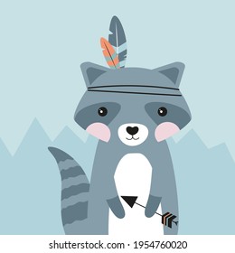 Vector animal on a blue background. Cute baby raccoon in the mountains. Raccoon with feathers on its head. Ideal for poster prints for the playroom. Or for the design of the site of a children's shop