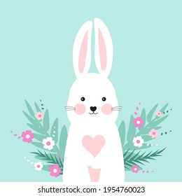 Vector animal on a blue background. Cute baby bunny. Rabbit with flowers and leaves. Ideal for poster prints for the playroom. Or for the design of the site of a children's 
shop