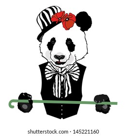 vector animal, panda in bowler hat with walking stick, charlie chaplin look, bear dressed in retro style
