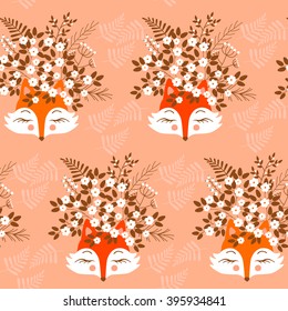 Vector animal pattern with cute fox with flowers on their heads.