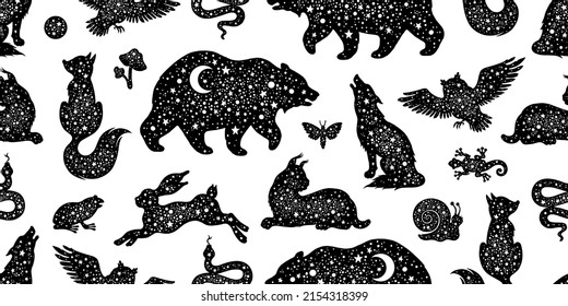 Vector animal pattern. Magic boho background. Mystic moon illustration with wolf cat fox bear owl silhouettes. Seamless  star animal pattern. Esoteric celestial design of black tattoo astrology totem