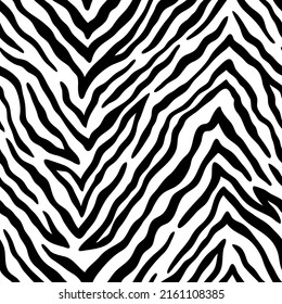 Vector animal pattern with zebra skin. Monochrome seamless pattern with dense stripes. Black and white tiger skin texture.