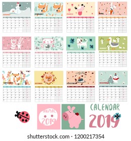Vector animal planner calendar 2019
