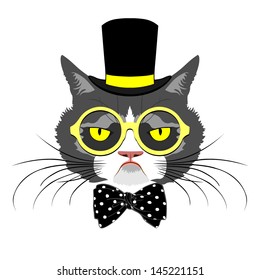 vector animal, portrait of cat in tall hat with polka dot bow and round yellow glasses, vintage look, cat dressed in retro style