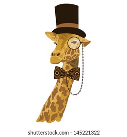 vector animal, portrait of giraffe in tall hat with printed bow tie and monocle, vintage look, dressed in retro style