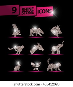 Vector animal portrait made with rhinestone gem set isolated on black background. Animal logo, animal icon. Jewelry pattern, hand made product. Shine pattern. Animal silhouette, flying bird icon.