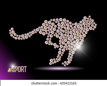Vector animal portrait made with rhinestone gems isolated on black background. Animal logo, african animal icon. Jewelry pattern, hand made product. Shining pattern. Animal silhouette, running cheetah