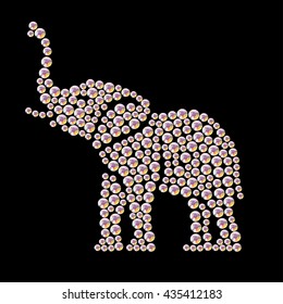 Vector animal portrait made with rhinestone gems isolated on black background. Animal logo, african animal icon. Jewelry pattern, hand made product. Shining pattern. Animal silhouette, elephant stand.