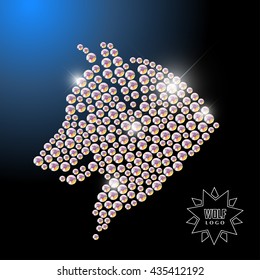Vector animal portrait made with rhinestone gems isolated on black background. Logo, wild animal icon. Jewelry pattern, hand made product. Shining pattern. Animal silhouette, wolf, dog head. Close up.