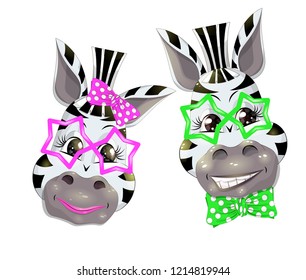 vector animal portrait, zebra in pink and green glasses with bow, cute girl and boy. Print for a t-shirt