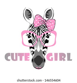 vector animal portrait, zebra in pink glasses with bow, cute girl