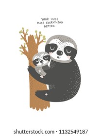 Vector animal poster with cute sloth and baby animal on white background. Cute nursery art, Mother and baby