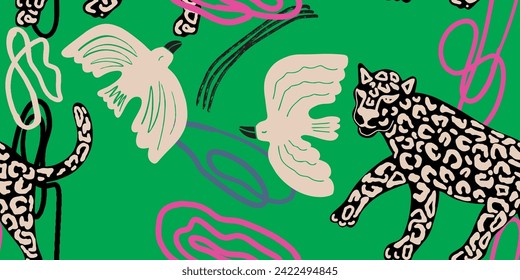 Vector animal print. Seamless leopard and bird pattern design for fabric and textile, packaging, web and social media design
