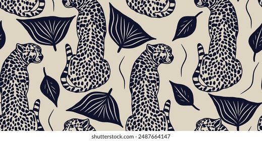 Vector animal print. Seamless leopard and flower elements. Pattern design for fabric and textile, packaging, web and social media design
