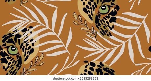 Vector animal print. Seamless leopard and tropical elements. Pattern design for fabric and textile, packaging, web and social media design
