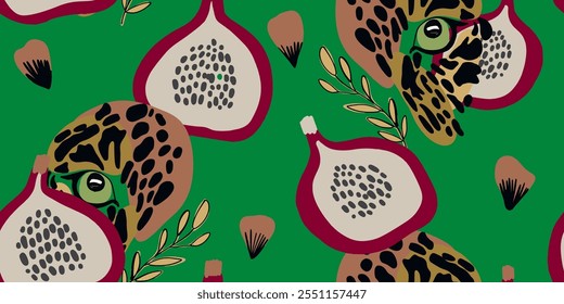 Vector animal print. Seamless leopard and pomegranate. Pattern design for fabric and textile, packaging, web and social media design
