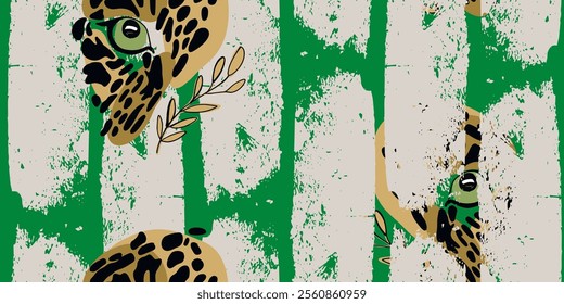 Vector animal print. Seamless leopard and tropical elements. Pattern design for fabric and textile, packaging, web and social media design